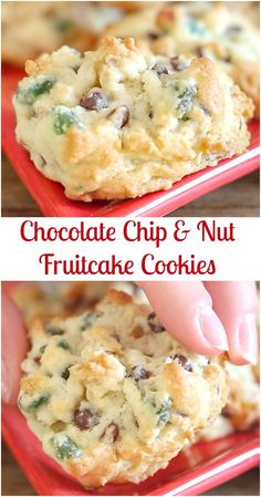 chocolate chip and nut fruitcake cookies on a red plate with the title above it