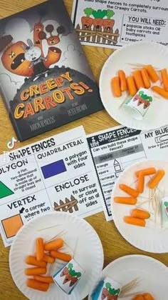 paper plates with carrots on them sitting on a table next to an activity book