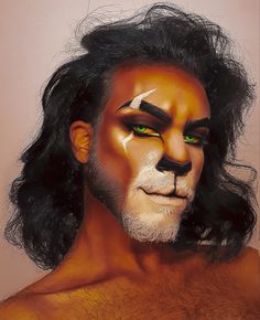 Scar Make Up Lion King, Scar Disney Makeup, Scar Halloween Costume Lion King, Lion Makeup Man, Beast Make Up Disney, Scar Disney Costume, Halloween Costumes With Locs, Scar Makeup Lion King, Halloween Makeup For Men With Beards