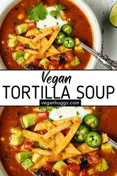 vegan tortilla soup in a white bowl topped with sour cream and sliced jalapenos