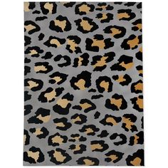 an animal print rug with gold and black spots on the front, in grey background