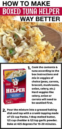 the recipe for baked tuna helper is shown in this ad, with instructions on how to make it