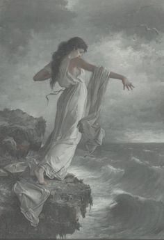 a painting of a woman standing on top of a cliff next to the ocean with her arms outstretched