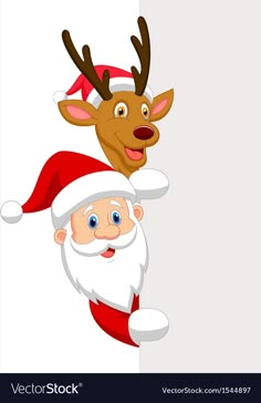 santa claus and reindeer peeking out from behind a sign