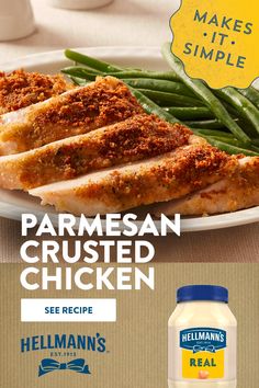 an advertisement for parmesan crusted chicken on a plate with green beans and mashed potatoes