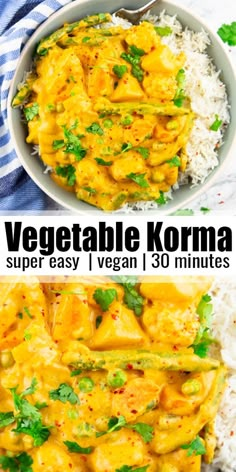 a bowl filled with vegetable korma next to rice