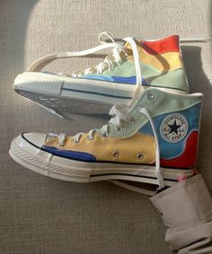 Multicolored Patchwork style of converse all-star Multi Colored Converse, Shoe Inspo Converse, Colourful Converse Outfit, Different Color Converse, Diy Converse Shoes Paint, Colorful Converse Outfit, Bright Converse, Converse Patchwork, Funky Converse