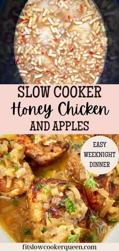 slow cooker honey chicken and apples with text overlay that reads, slow cooker honey chicken and apples easy weeknight dinner