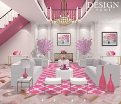 a living room filled with white furniture and pink decor on top of a carpeted floor