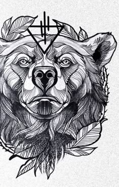 a black and white drawing of a bear's head with arrows on it, surrounded by leaves