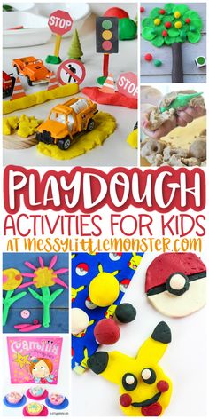 playdouh activities for kids with pictures of cars, trucks and trees in the background