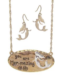 You are "Mer-mazing"Necklace and Earring set for all the Mermaids out there.
Oblong Pendant Size:; 1.75 W  X  .87" H"" (approx)
Earring Pendant Size: 1" L   (approx)
Chain Length:; 18"  Extended (approx)
Made of metal alloy (silver and copper and other metal alloy) with high quality plating
Lead and Nickel Compliant Bloodstone Jewelry, Animal Themed Jewelry, Aventurine Jewelry, Amazonite Jewelry, Mountain Jewelry, Baltic Amber Jewelry, Steampunk Necklace, Prom Jewelry, Chakra Jewelry