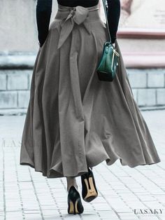 Lasaky - Premium High-Waisted Pleated Umbrella Skirt with Waist Belt - Elegant Midi-Length Long Midi Skirt, Flowy Maxi Skirts, Umbrella Skirt, High Waisted Flares, Style Noir, Gray Skirt, Types Of Skirts, Long Maxi Dress, Elegant Fashion