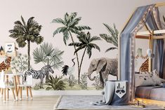 a child's bedroom with an elephant and giraffe mural