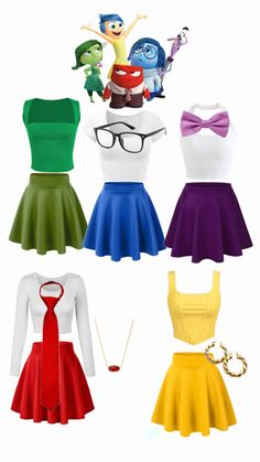 four different colored dresses with cartoon characters on the front and back, all in different colors