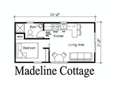 a floor plan for a small cabin with the words madeline cottage written below it