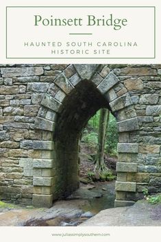 a stone bridge with the words poinsett bridge in white and green over it