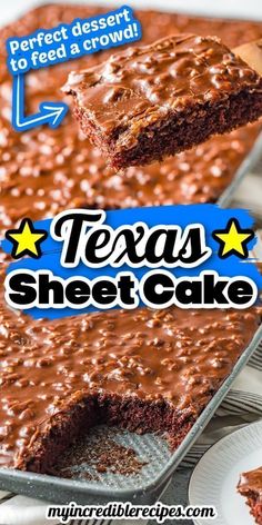 a close up of a piece of cake on a pan with the words texas sheet cake