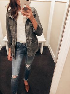 madewell fall 2018, fall shopping, women's fashion, women's fall style, fall trends, fall outfits, summer to fall style, fall florals, fall style trends, women's outfit ideas, madewell style, classic style, casual style, casual fall style, outfit ideas, cute outfits, summer style, #falloutfits #fall  ootd inspiration, perfect fall outfits, sweater weather, olive cargo jacket, olive utility jacket, green cargo jacket outfit, green jacket outfit, olive jacket with white sweater Cargo Jacket Outfit, Green Jacket Outfit, Madewell Fall, Madewell Style, Olive Jacket, Fall Ootd, Perfect Fall Outfit, Fall Florals