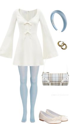 Retro White Dress, 60s Inspired Outfits, Outfits 60s, Blue Tights, 1960s Outfits, Blue Headband, Priscilla Presley