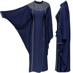 Luxury Women Navy Blue Batwing Abaya Farasha Jalabiya Arab Dress With Stone Work . As a result, comes in original plastic wrap with Hijab included. Beautiful material with a premium feel. Exclusive new design Abaya.      Comes with scarf  Stone work  It comes with 2 belt inside that allow you to adjust the size   Colour: navy blue   material : Nida   Latest new design!  Suitable for easy iron.   Do not tumble dry.  Dry clean  Abayas are known by many name such as modest Islamic clothing, jilbab, jalabiya Arab rob, long dress, Muslim clothing, Kimonos, Hijab. However, they serve the same purpose: to cover. Other models are usually kaftans, cut from light, flowing fabrics like crepe, georgette, nida, and chiffon. Other known styles are open ,closed front, Batwing. Styles differ from region. Blue Long Sleeve Agbada For Eid, Blue Long Khimar For Eid, Long Blue Khimar For Eid, Blue Long Sleeve Thobe For Eid, Blue Agbada With Dabka Detail, Blue Abaya For Eid, Long Blue Abaya For Eid, Blue Long Abaya For Eid, Blue Long Sleeve Thobe With Dabka Details