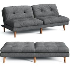 a gray couch and footstool sitting next to each other on a white background