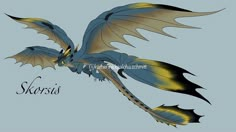 a blue and yellow dragon flying through the sky