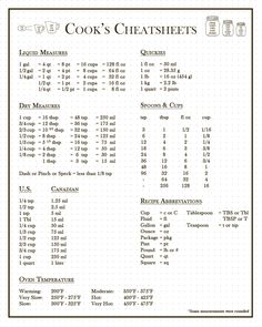 the menu for cook's chatsheets, which includes drinks and other items