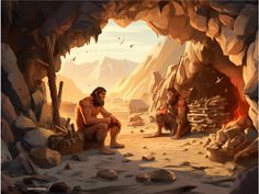 two cave dwellers sitting in front of a fire pit