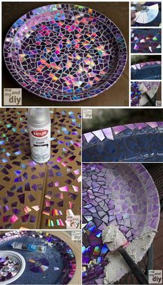 the instructions for how to make a mosaic glass tray with paint and glitter on it