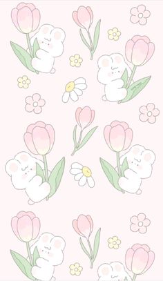 a pink wallpaper with flowers and teddy bears on the front, in pastel colors