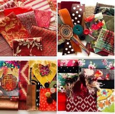 several different pictures of colorful fabric and fabrics with flowers, hearts, leaves, etc