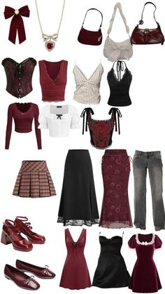 Dark Cool Outfits, Red Black White Outfit Ideas, Delicate Aesthetic Outfit, Dark Red Outfits For Women, Edgy Coquette Outfits, Fall Outfits Cherry Red, Types Of Styles Fashion Aesthetic Names, Dark Fenimine Outfits, Sweetheart Aesthetic Outfits