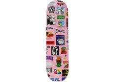 a pink skateboard with many different pictures and words on the bottom half of it