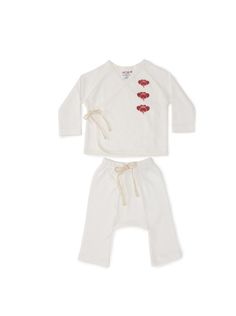 Sckoon Organic cotton Japanese plum print set, kimono top with drawstring bottom. Comes with a beanie and a toy bunny. Cute line of organic baby clothes. Japanese Plum, Organic Baby Clothes, Bunny Toys, Jewelry Amazon, Organic Baby, Baby Gear, Amazon Fashion