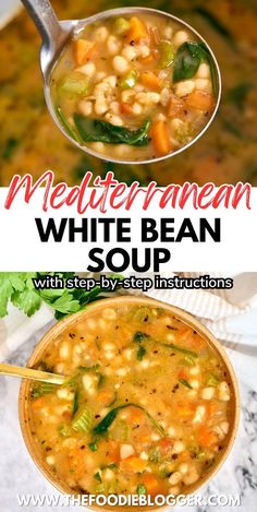 a bowl of white bean soup with spinach and carrots