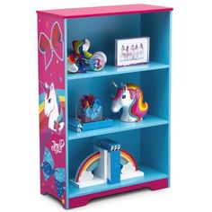 a toy bookcase with unicorns and other toys on it's shelves in front of a white background