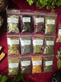 a bunch of different types of herbs in plastic bags on a red table cloth next to some plants