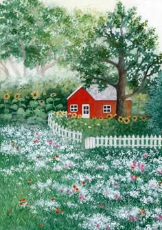 a painting of a red house in the middle of a field with flowers and trees