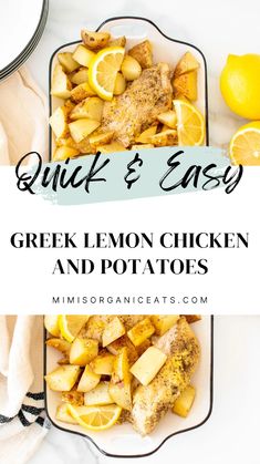 lemon chicken and potatoes on a plate with text overlay that reads quick & easy greek lemon chicken and potatoes