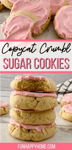 some cookies with pink frosting on them and the words copycat crumbs sugar cookies