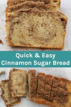 cinnamon sugar bread is cut into slices and placed on top of each other with the words easy cinnamon sugar bread