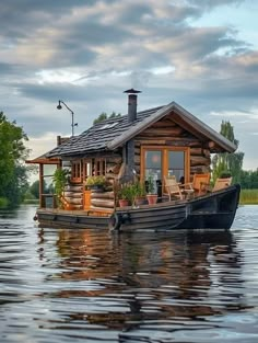 a houseboat is floating on the water with a small cabin attached to it's roof