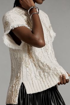 49% cotton, 19% acrylic, 17% wool, 15% polyamide Pullover styling Hand wash Imported | Foiled Shine Fringe Sweater Vest by Anthropologie in White, Women's, Size: 2XS, Cotton/Wool/Acrylic Fringe Vest, Fringe Sweater, Vest White, Cotton Wool, Sleeveless Vest, Sweater Vest, Cashmere Sweaters, Pullover Styling, Vest Jacket