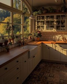 a kitchen filled with lots of counter top space next to a window covered in potted plants