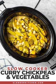 This Slow Cooker Chickpea Curry with Vegetables made with chickpeas, tons of veggies, coconut milk, and Madras curry seasoning is packed with flavor and makes a perfect meatless meal.