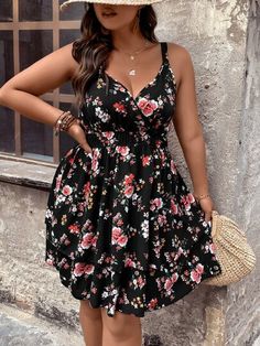 Black Floral Dress Short, Sundress Plus Size, Floral Dress Short, Black Floral Dress, Black Boho, Flower Print Dress, Dark Floral