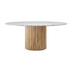 a round table with a white marble top and wooden base, against a white background