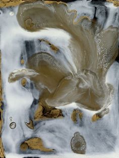 an abstract painting with gold and white colors