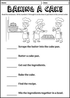 the worksheet for making a cake is shown in black and white, with two children